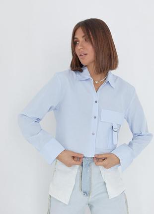 Укороченная женская рубашка с накладным карманом - голубой цвет, l (есть размеры)6 фото