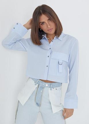 Укороченная женская рубашка с накладным карманом - голубой цвет, l (есть размеры)4 фото