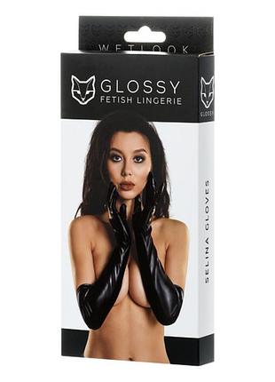 Рукавички glossy selina з матеріалу wetlook вище ліктя, чорні 18+