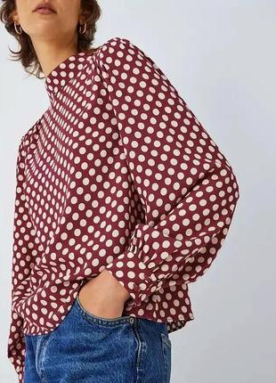 Блуза віскоза об'ємний рукав винного кольору в горох 54-56 р.1 фото