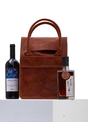 Світло-коричнева сумка на 3 пляшки з італійської шкіри7 фото