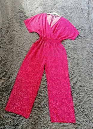 Яскраво-рожевий ромпер комбінезон у горох з легкої струминної тканини з гумкою на талії4 фото