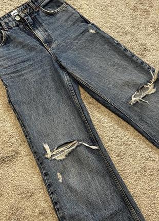 Прямі джинси zara з необробленим низом, сині джинси кльош з розрізами, труби5 фото