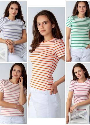 Трендова футболка рубчик в полоску, жіноча літня футболка в смужку, летняя женская футболка рубчик в полоску
