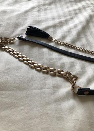 Пояс ремень набедренный натуральная кожа синий с кисточкой с цепочкой цепочка