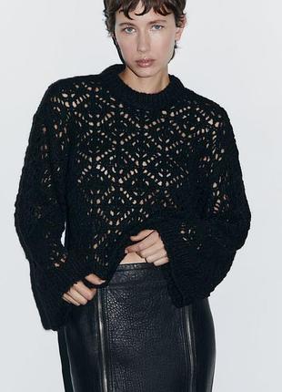 Вовняний чорний ажурний светр кофта  в ромби zara