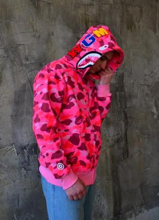 Подростковое мужское розовое зип худи в стиле bape shark pink camo zip hoodie бейп толстовка зипка