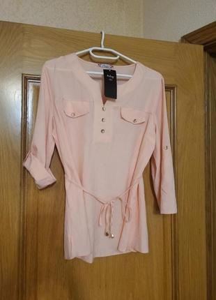 Блуза пудра з поясом топ кежуал рубашка рожева сорочка xl 52 кофта