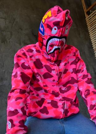 Підліткове жіноче рожеве зіп худі в стилі bape  shark pink camo zip hoodie бейп толстовка акула зіпка з мордою акули3 фото