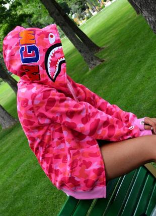 Підліткове жіноче рожеве зіп худі в стилі bape  shark pink camo zip hoodie бейп толстовка акула зіпка з мордою акули1 фото