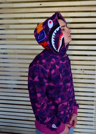 Подростковое мужское фиолетовое зип худи в стиле bape shark violet camo zip hoodie бейп толстовка акула зипка с мордой акулы5 фото