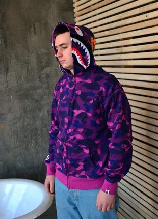 Подростковое мужское фиолетовое зип худи в стиле bape shark violet camo zip hoodie бейп толстовка акула зипка с мордой акулы1 фото