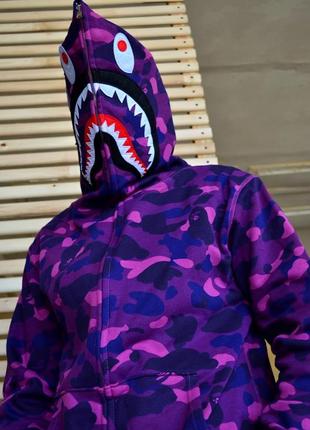 Подростковое мужское фиолетовое зип худи в стиле bape shark violet camo zip hoodie бейп толстовка акула зипка с мордой акулы2 фото