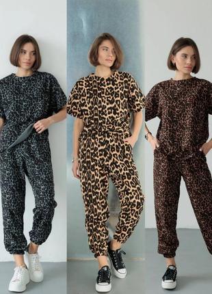 Прогулочный леопардовый комплект с шортами, лео костюм1 фото