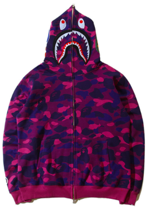 Подростковое женское фиолетовое зип худи в стиле bape shark violet camo zip hoodie бейп толстовка акула зипка с мордой акулы10 фото