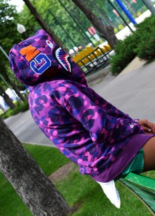 Подростковое женское фиолетовое зип худи в стиле bape shark violet camo zip hoodie бейп толстовка акула зипка с мордой акулы