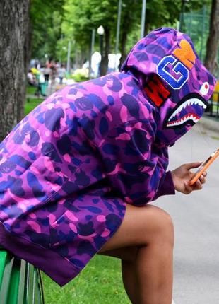 Подростковое женское фиолетовое зип худи в стиле bape shark violet camo zip hoodie бейп толстовка акула зипка с мордой акулы4 фото