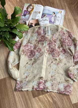 Блуза из шелковой органзы с цветочным принтом и бантом. винтажная блуза из органзы 70-80х3 фото
