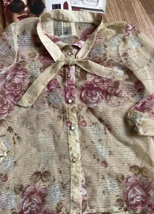 Блуза из шелковой органзы с цветочным принтом и бантом. винтажная блуза из органзы 70-80х4 фото