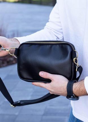 Мужская шикарная качественная и стильная сумка банка из натуральной кожи черная4 фото