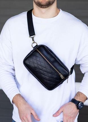 Чоловіча шикарна якісна та стильна сумка банка з натуральної шкіри чорна
