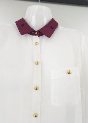 Молочная легкая шифоновая блузка/рубашка в винтаж стиле бордовый воротник2 фото