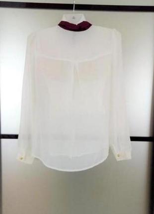 Молочная легкая шифоновая блузка/рубашка в винтаж стиле бордовый воротник5 фото