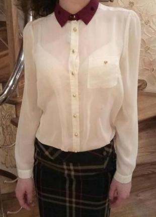 Молочная легкая шифоновая блузка/рубашка в винтаж стиле бордовый воротник6 фото