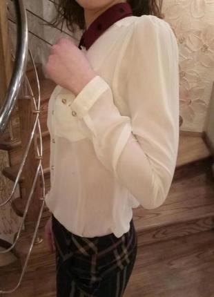 Молочная легкая шифоновая блузка/рубашка в винтаж стиле бордовый воротник8 фото