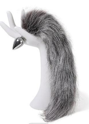 Анальная пробка с хвостом anal plug faux fur fox tail light grey polyeste   18+