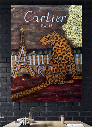 Картина леопард в пары, cartier, paris, leopard, поталь, золото, поп арт, современное искусство, подарок, интерьер