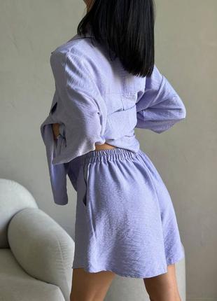 Сиреневый лавандовый женский летний костюм льняной шорты оверсайз свободного кроя универсальный повседневный костюм с шортами лен3 фото