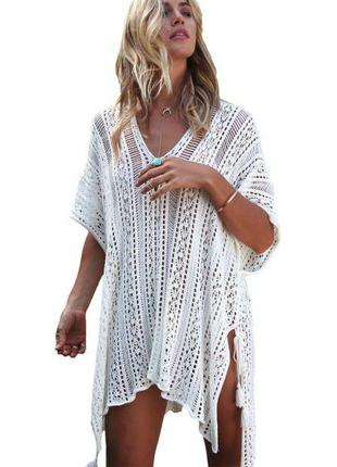 White crochet knitted tassel tie kimono beachwear 18+1 фото