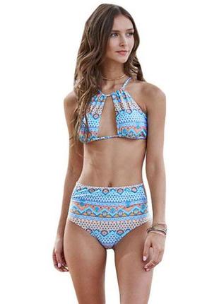 Halter cut out mix printed high waist bottom bikini 18+