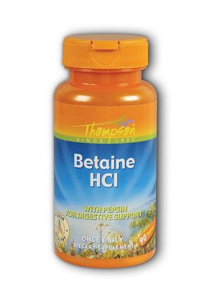 Натуральная добавка бетаин гидрохлорид + пепсин betaine hcl with pepsin (90 tabs), thompson 18+