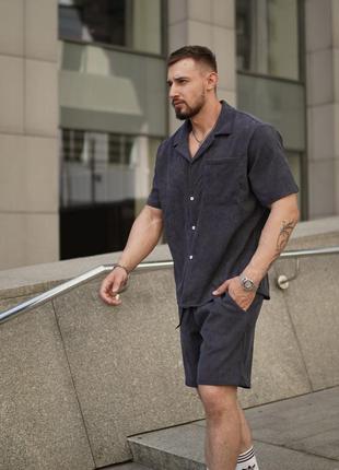 Летний мужской вельветовый костюм оверсайз рубашка + шорты