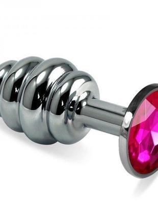 Рельефная анальная пробка с пурпурным камнем rosebud spiral metal plug  китти