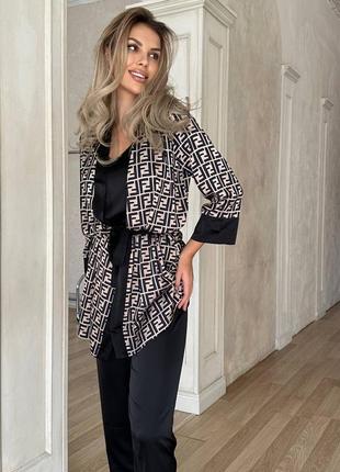 Комплект для дому піжама 3в1 сатин халат, майка і штани принт fendi