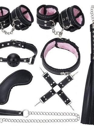 Комплект бдсм іграшок чорний із рожевим хутром leather plush set zr019  кітті