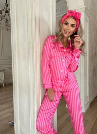 Сатиновая женская пижама в полоску рубашка и штаны 2 цвета