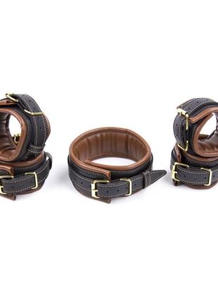 Коричневий бдсм набір із золотою фурнітурою brown gold bondage kit 3 pieces кітті