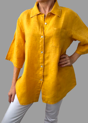 Женская льняная рубашка желтого цвета италия 50-52 новая4 фото
