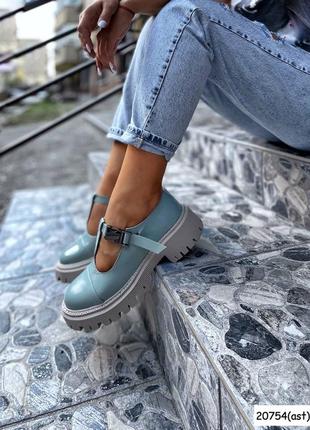 Туфли с раминцем голубая кожа в стиле mery jenny8 фото