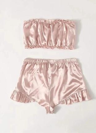 Атласний комплект жіночої білизни з шортиками - комплект домашнього одягу l рожевий (0101/3)2 фото