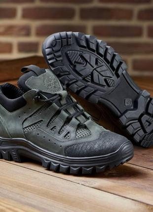 Тактические летние кроссовки из натуральной кожи цвет хаки (зеленый), военная обувь
