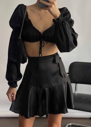 Шелковая юбка мини на высокой посадке юбка обильная свободного кроя на завязках стильная базовая черная бежевая