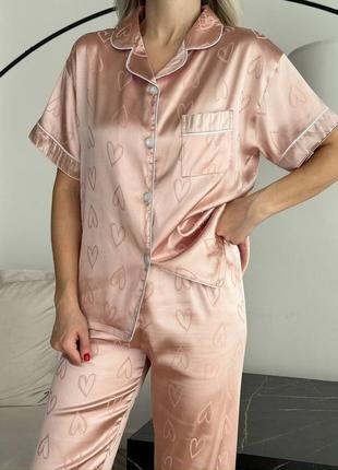 Шелковая пижама с сердечками рубашка и штаны, красивая пижама, домашний шелковый костюм