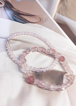 Браслет з натурального каменю, браслет з рожевого кварцу, рожевий браслет, романтичний подарунок5 фото