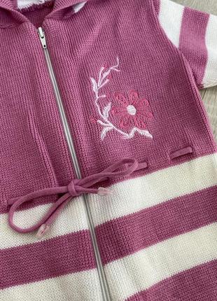 Детская кофта для девочек розовая вязанная теплая 128 с капюшоном зима осень2 фото