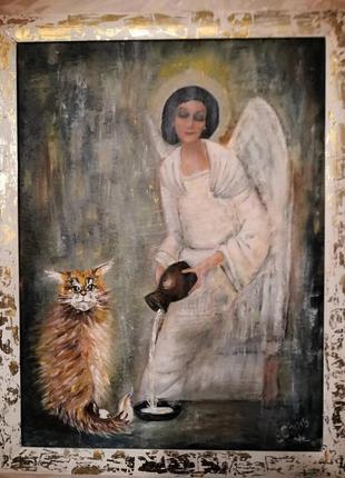 Картина   ангел с котом. масло/холст2 фото